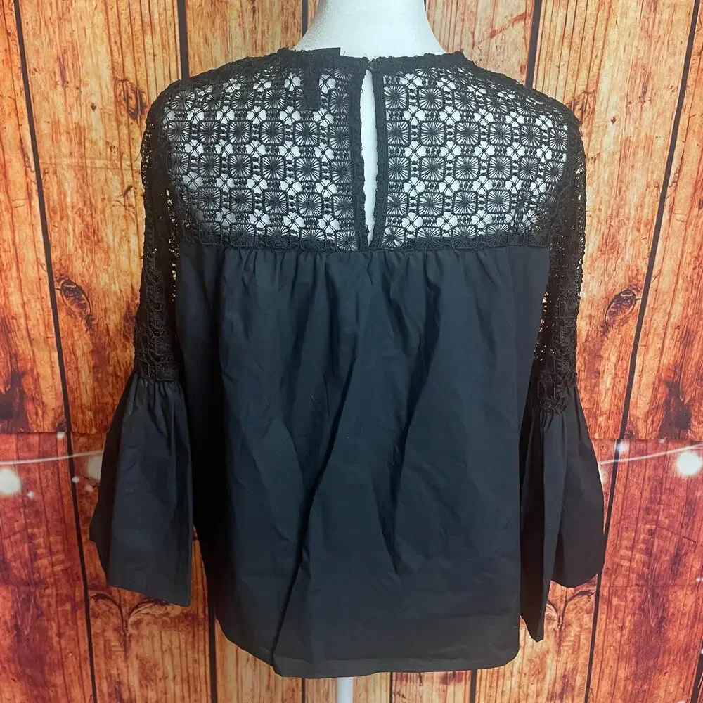 Who What Wear black lace blouse size Small puff cuffs sheer top 100% cotton
